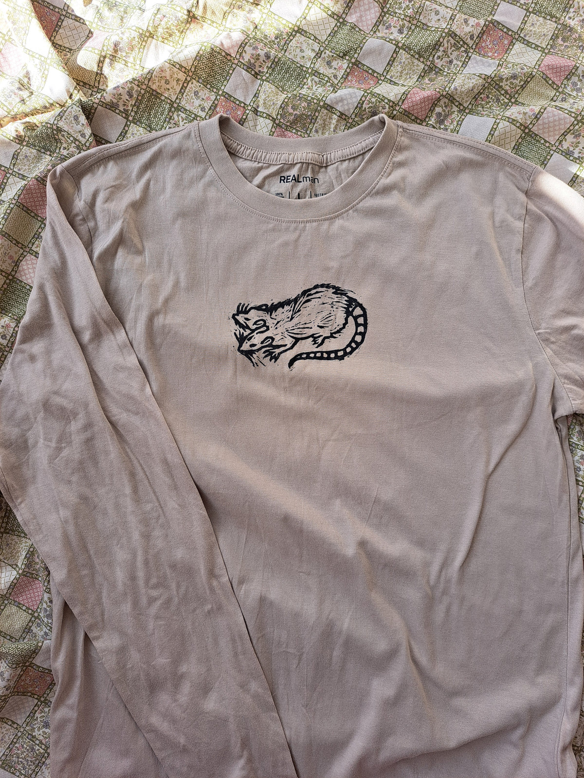 Lino print 2 headed rat, long sleeve, size LARGE